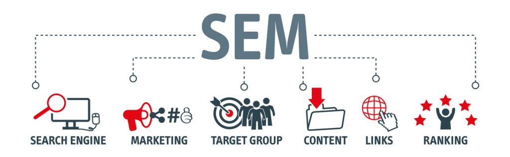 Banner SEM search engine marketing vector illustration concept with keywords and icons