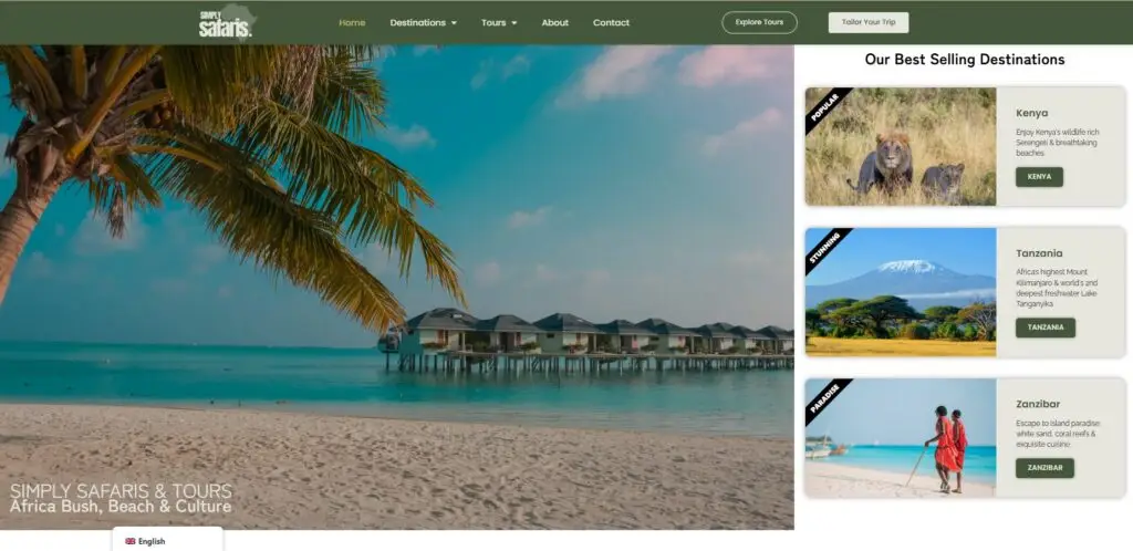 Simply IT Tansania mehrsprachige SEO-Websites Safaris in englischem Text von links nach rechts